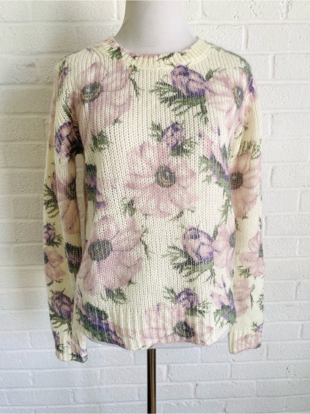 Elie Tahari Cream Floral Small Sweater Mohair/Wool Old Money Cottagecore Fairy